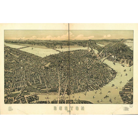 Boston in 1889 A Birds Eye View Gold Ornate Wood Framed Art Print with Double Matting by George Walker and Co