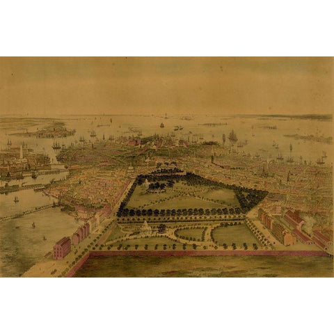 Birds eye view of Boston  Gold Ornate Wood Framed Art Print with Double Matting by Sarony and Major