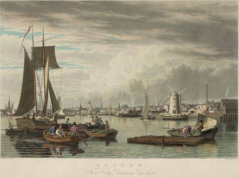 Boston from City Point Near Sea Street Black Ornate Wood Framed Art Print with Double Matting by Bennett, W J