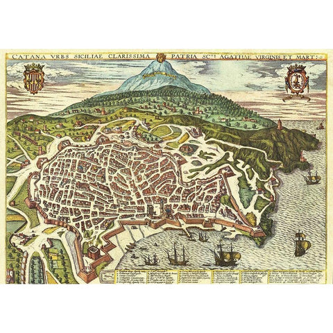 Catania Sicily Black Modern Wood Framed Art Print with Double Matting by Hogenberg, Braun