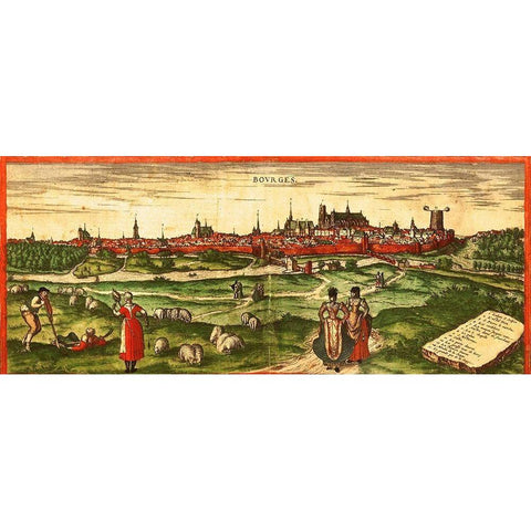 Bourges A Roman City Black Modern Wood Framed Art Print with Double Matting by Hogenberg, Braun