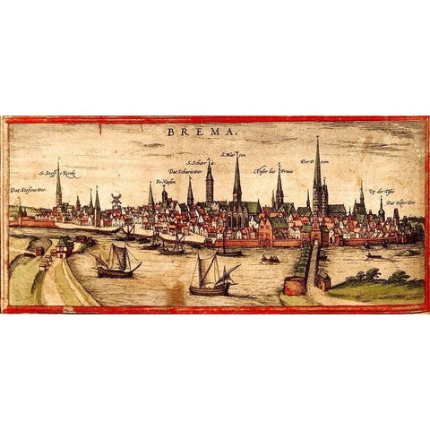 Bremen Black Modern Wood Framed Art Print with Double Matting by Hogenberg, Braun