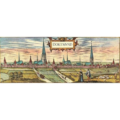 Dortmund-Germany a town in the Ruhr Industrial District now known for its Green Spaces Gold Ornate Wood Framed Art Print with Double Matting by Hogenberg, Braun