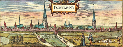 Dortmund-Germany a town in the Ruhr Industrial District now known for its Green Spaces Black Ornate Wood Framed Art Print with Double Matting by Hogenberg, Braun