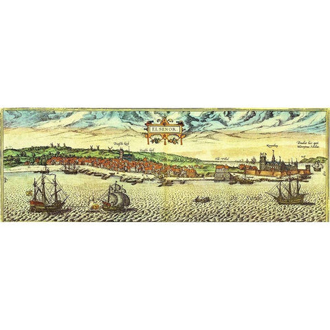 Elsinore Denmark Black Modern Wood Framed Art Print with Double Matting by Hogenberg, Braun