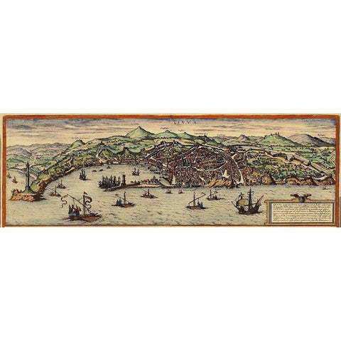 Genoa Black Modern Wood Framed Art Print by Hogenberg, Braun