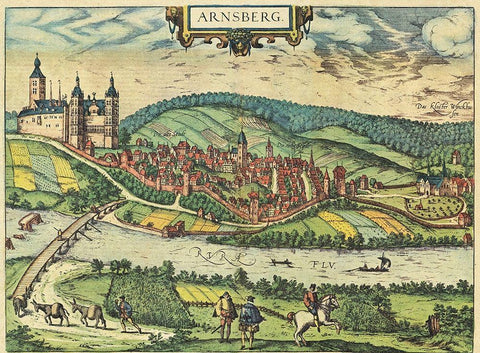 Arnsberg Germany Black Ornate Wood Framed Art Print with Double Matting by Hogenberg, Braun