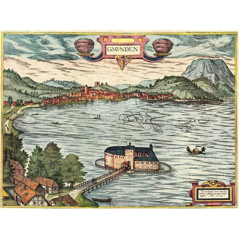 Gmunden Austria  Gold Ornate Wood Framed Art Print with Double Matting by Hogenberg, Braun