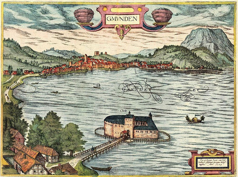 Gmunden Austria  Black Ornate Wood Framed Art Print with Double Matting by Hogenberg, Braun