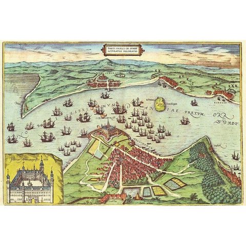 Elsinore Denmark Black Modern Wood Framed Art Print with Double Matting by Hogenberg, Braun
