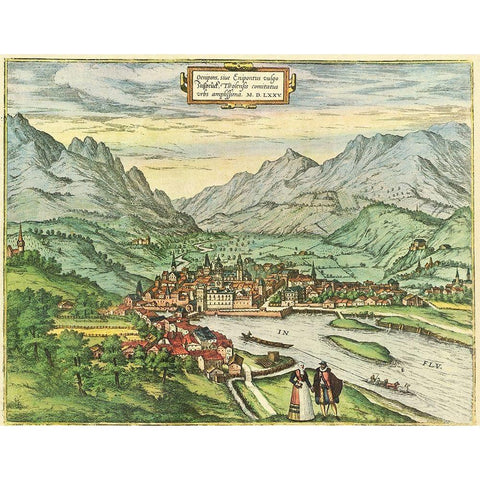 Innsbruck Austria Tyrol Gold Ornate Wood Framed Art Print with Double Matting by Hogenberg, Braun