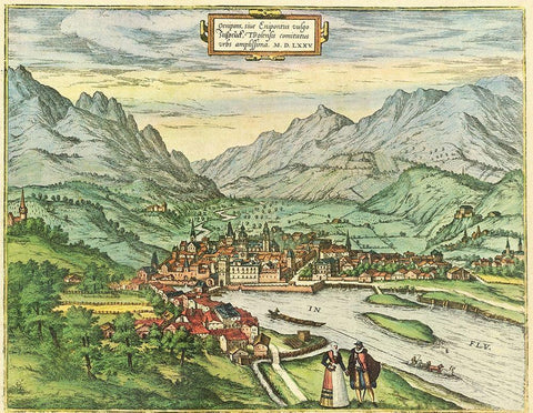 Innsbruck Austria Tyrol Black Ornate Wood Framed Art Print with Double Matting by Hogenberg, Braun