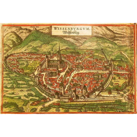 Wissembourg White Castle Alsace Gold Ornate Wood Framed Art Print with Double Matting by Hogenberg, Braun