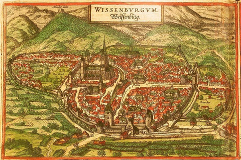 Wissembourg White Castle Alsace Black Ornate Wood Framed Art Print with Double Matting by Hogenberg, Braun