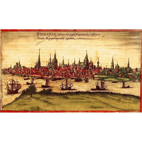 Rostock Germany Black Modern Wood Framed Art Print with Double Matting by Hogenberg, Braun