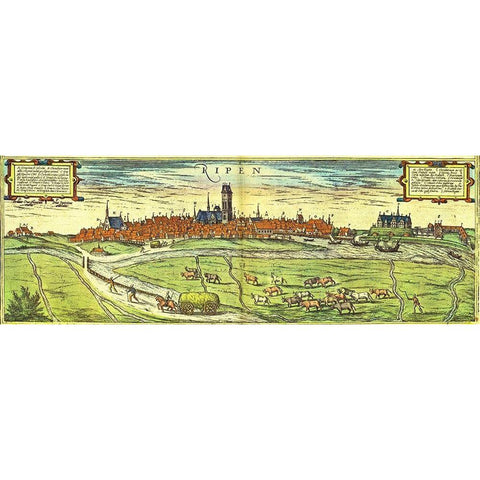 Ribe Denmark Gold Ornate Wood Framed Art Print with Double Matting by Hogenberg, Braun