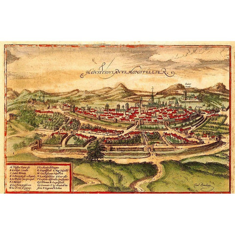 Montpellier France Black Modern Wood Framed Art Print by Hogenberg, Braun