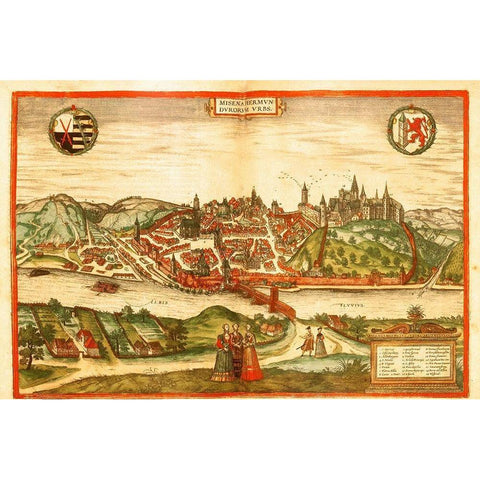 Meissen Germany Gold Ornate Wood Framed Art Print with Double Matting by Hogenberg, Braun