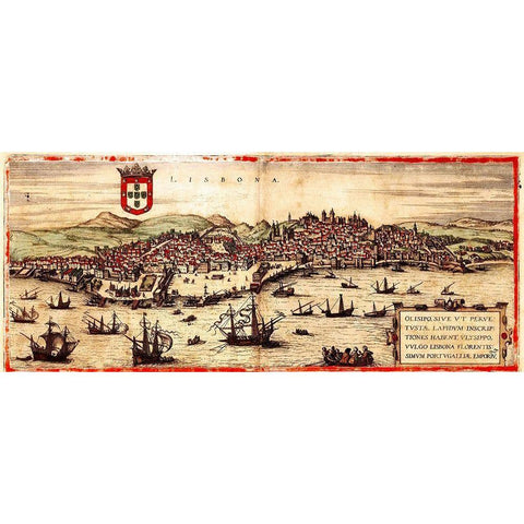 Lisbon Portugal Gold Ornate Wood Framed Art Print with Double Matting by Hogenberg, Braun