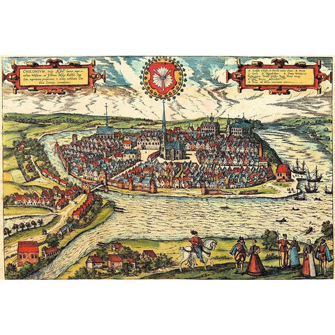 Kiel Germany Gold Ornate Wood Framed Art Print with Double Matting by Hogenberg, Braun