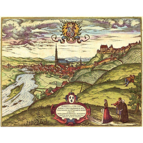 Landshut Germany Gold Ornate Wood Framed Art Print with Double Matting by Hogenberg, Braun