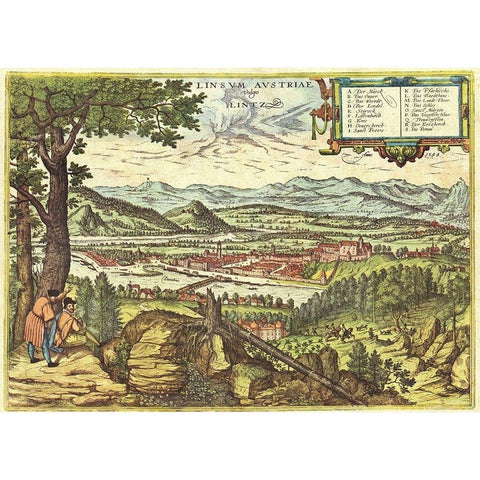 Linz Austria Gold Ornate Wood Framed Art Print with Double Matting by Hogenberg, Braun