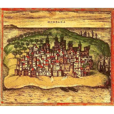Mombasa Kenya Africa White Modern Wood Framed Art Print by Hogenberg, Braun