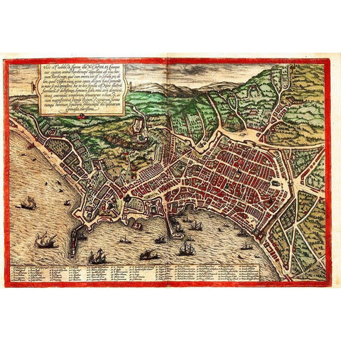 Naples Napoli Italy Gold Ornate Wood Framed Art Print with Double Matting by Hogenberg, Braun