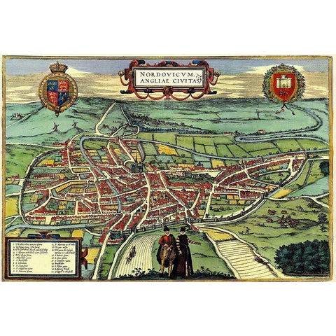 Norwich England Black Modern Wood Framed Art Print with Double Matting by Hogenberg, Braun