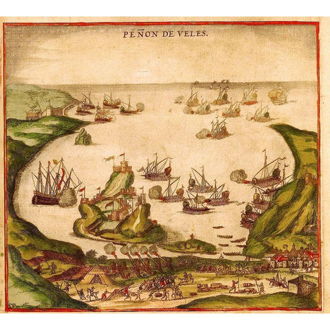 Penon de Velez de la Gomera Black Modern Wood Framed Art Print by Hogenberg, Braun