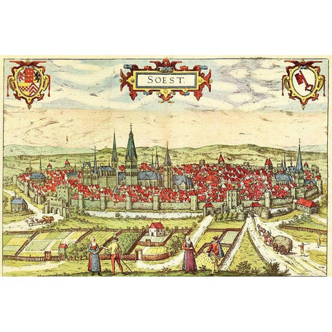 Soest Germany Black Modern Wood Framed Art Print with Double Matting by Hogenberg, Braun