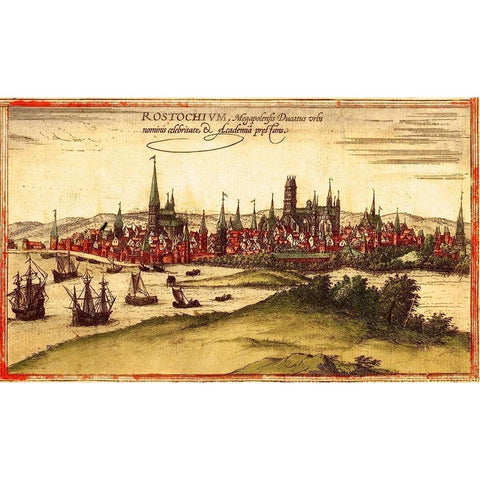 Wismar Germany Gold Ornate Wood Framed Art Print with Double Matting by Hogenberg, Braun