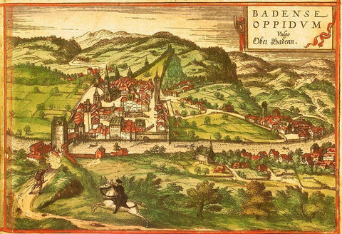 Baden Spa Switzerland Black Ornate Wood Framed Art Print with Double Matting by Hogenberg, Braun