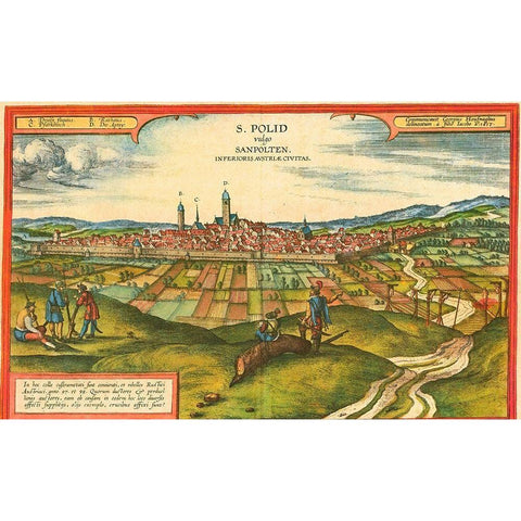 Sankt Polten Austria Gold Ornate Wood Framed Art Print with Double Matting by Hogenberg, Braun