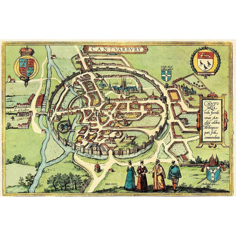 Canterbury England Black Modern Wood Framed Art Print with Double Matting by Hogenberg, Braun