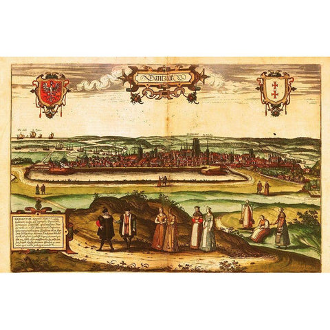 Gdansk Poland Gold Ornate Wood Framed Art Print with Double Matting by Hogenberg, Braun