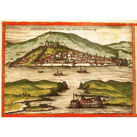 Sibenik Croatia Gold Ornate Wood Framed Art Print with Double Matting by Hogenberg, Braun