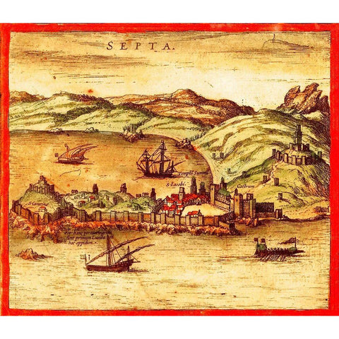 Ceuta Spain Gold Ornate Wood Framed Art Print with Double Matting by Hogenberg, Braun