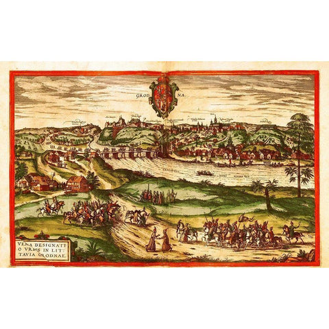 Grodno Poland Gold Ornate Wood Framed Art Print with Double Matting by Hogenberg, Braun