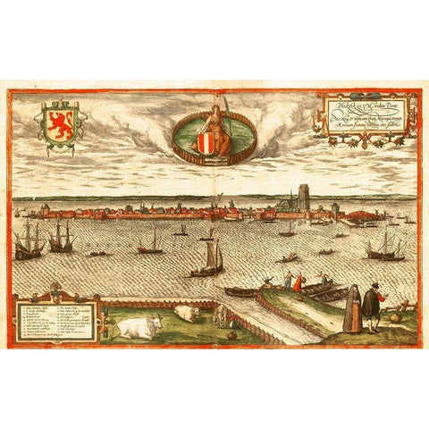 Dordrecht Netherlands Gold Ornate Wood Framed Art Print with Double Matting by Hogenberg, Braun