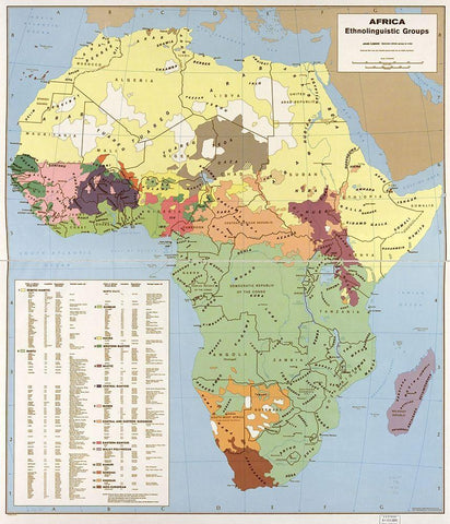 Ethnolinguisitic Map of Africa Black Ornate Wood Framed Art Print with Double Matting by CIA