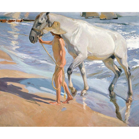 The Horses Bath Gold Ornate Wood Framed Art Print with Double Matting by Sorolla, Joaquin