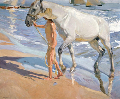 The Horses Bath White Modern Wood Framed Art Print with Double Matting by Sorolla, Joaquin