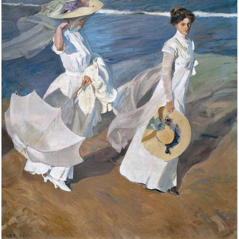 Strolling along the Seashore Black Modern Wood Framed Art Print with Double Matting by Sorolla, Joaquin