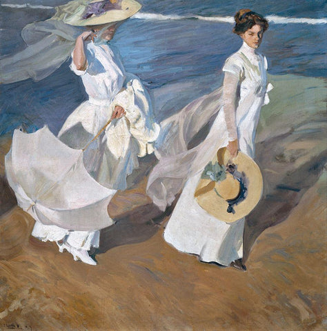 Strolling along the Seashore White Modern Wood Framed Art Print with Double Matting by Sorolla, Joaquin