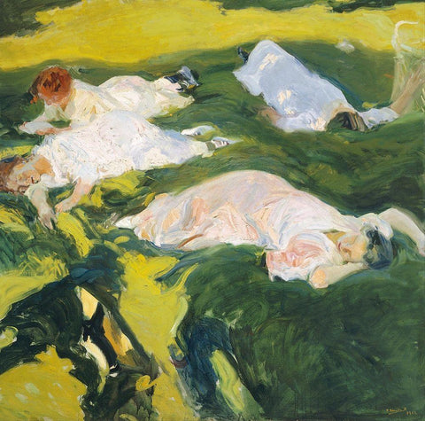 La Siesta White Modern Wood Framed Art Print with Double Matting by Sorolla, Joaquin