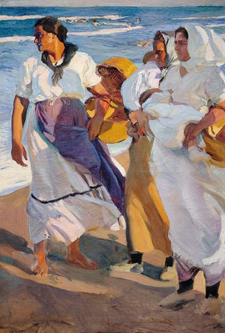 Fisherwomen from Valencia White Modern Wood Framed Art Print with Double Matting by Sorolla, Joaquin