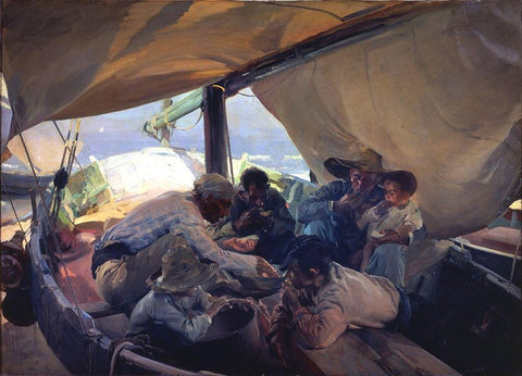 Lunch on the boat White Modern Wood Framed Art Print with Double Matting by Sorolla, Joaquin