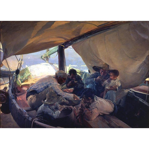 Lunch on the boat Black Modern Wood Framed Art Print with Double Matting by Sorolla, Joaquin