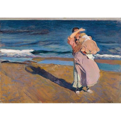 Fisherwomen with her son Black Modern Wood Framed Art Print with Double Matting by Sorolla, Joaquin